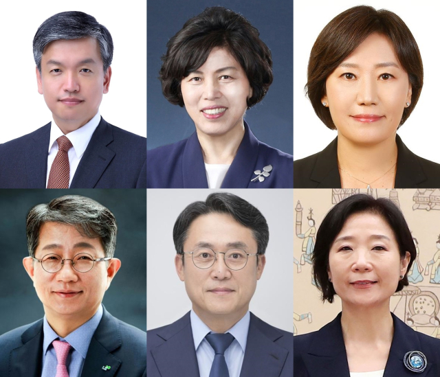 윤석열 대통령은 4일 경제부총리 겸 기획재정부 장관 후보자로 최상목 전 대통령실 경제수석(사진 윗줄 왼쪽)을 지명하는 등 장관 6명을 교체하는 개각을 단행했다. 윤 대통령은 국가보훈부 장관 후보자에 강정애 전 숙명여대 총장, 농림축산식품부 장관 송미령 전 한국농촌경제연구원 선임연구위원, (사진 아랫줄 왼쪽부터) 국토교통부 장관 박상우 전 한국토지주택공사 사장, 해양수산부 장관 강도형 한국해양과학기술원 원장, 중소벤처기업부 장관 후보자에 오영주 외교2차관 등을 각각 지명했다. 연합뉴스