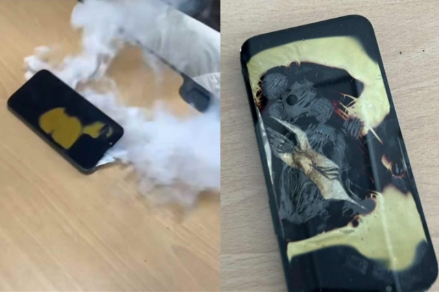지난달 30일 한 고등학교 교실에서 학생이 소지한 아이폰이 부풀어오르고 연기가 발생하는 일이 벌어졌다. 연합뉴스