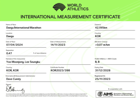 세계육상연맹공인코스인증서. 대구시 제공