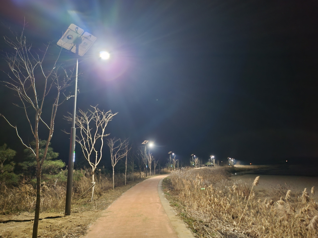 대왕교 주변 한천체육공원 산책로 1.2km 구간 설치된 태양광 LED 가로등. 예천군 제공