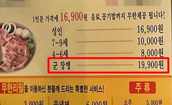 군 장병은 1만9900원을 받는 무한리필 숯불갈비 식당 메뉴판. 온라인 커뮤니티 캡처