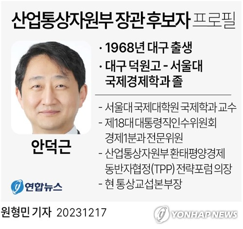 [그래픽] 산업통상자원부 장관 후보자 프로필 (서울=연합뉴스) 원형민 기자 = 윤석열 대통령은 17일 산업통상자원부 장관 후보에 안덕근 산업통상자원부 통상교섭본부장을 지명했다. circlemin@yna.co.kr 트위터 @yonhap_graphics 페이스북 tuney.kr/LeYN1 (끝)