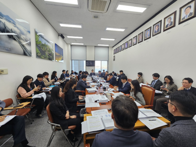19일 국회 국토교통위원회 교통법안심사소위원회에서 여야 위원들이 달빛철도 건설을 위한 특별법 심사를 벌였다. 회의장 모습. 강대식 국민의힘 의원(대구 동구을) 제공