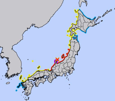 일본 기상청은 1일 이시카와현에서 발생한 강진 후 동해쪽을 접한 일본 북부 연안에 대형 쓰나미 경보(보라색)와 쓰나미 경보(붉은색), 주의보(노란색) 등을 발령했다고 밝혔다. 일본 기상청에 따르면 이날 오후 4시 24분께 일본 이시카와현 노토 반도 지역에서 규모 7.6의 지진이 발생했다. 연합뉴스