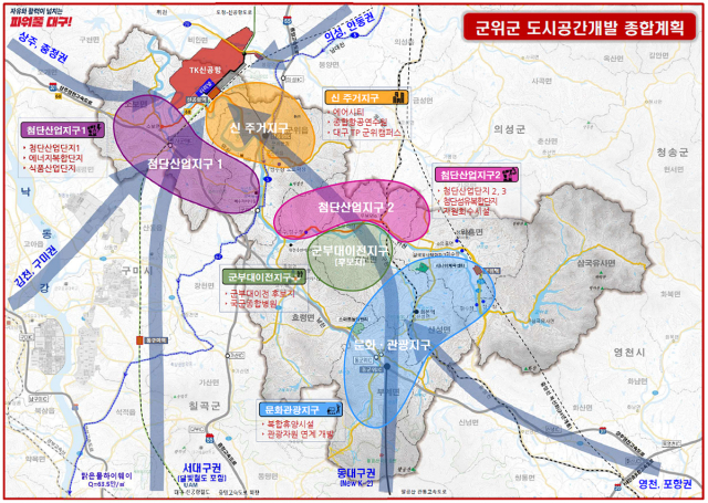 군위군 도시공간개발 종합계획도 및 주요 지표변화 예상표. 대구시 제공