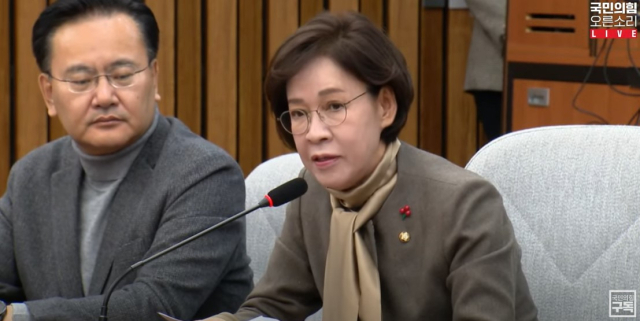 12일 국회에서 열린 국민의힘 원내대책회의에서 이인선 국민의힘 의원(대구 수성구을)이 발언하고 있다. 국민의힘 유튜브 캡쳐