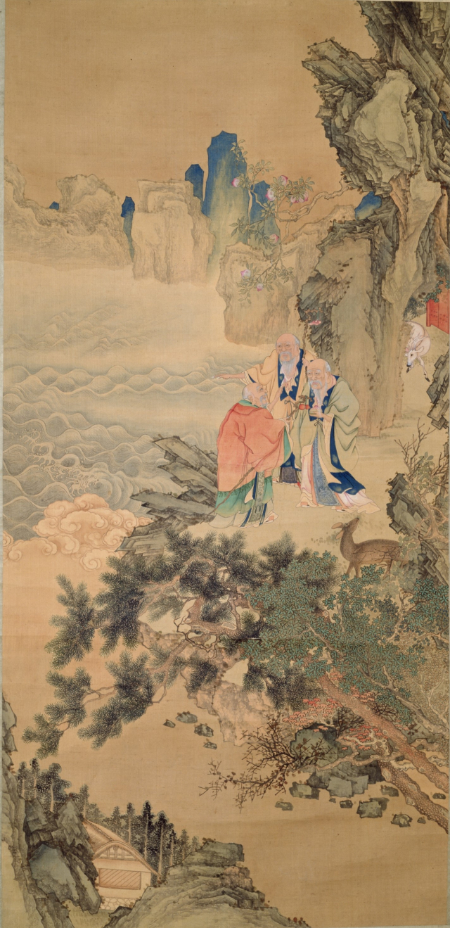 장승업(1843-1897), '삼인문년도(三人問年圖)', 비단에 채색, 143.3×68.8㎝, 국립중앙박물관 소장