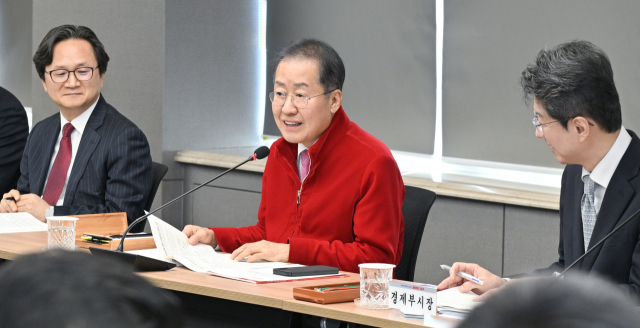홍준표 대구시장이 22일 시청 산격청사에서 열린 간부회의에서 대구공항 국제노선 확대를 주문하고 있다. 대구시 제공.