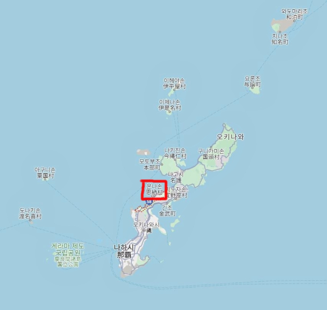 삼성 라이온즈 등 국내 구단들 여러 곳이 동계 전지훈련을 진행하는 오키나와 지도. 그 가운데 온나손은 삼성이 둥지를 트는 곳이다. 구글맵 제공