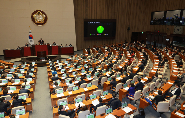 25일 국회 본회의에서 달빛고속철도 건설을 위한 특별법안 가결이 선포되고 있다. 연합뉴스