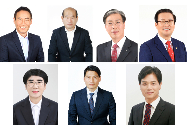 영양지역 경북도의원 보궐선거 예비후보들의 모습. 사진 왼쪽 위에서 부터 김상훈 한비건설 대표, 구진회 전 국민의힘 경북도당 부위원장, 윤철남 영양과비료 대표, 이종열 전 경북도의원, 오창옥 전 영양군의회 부의장, 송진태 전 영양군새마을회장, 전병호 전 영양읍장. 사진 순서는 중앙선거관리위원회 예비후보자 명부 순. 중앙선관위 제공