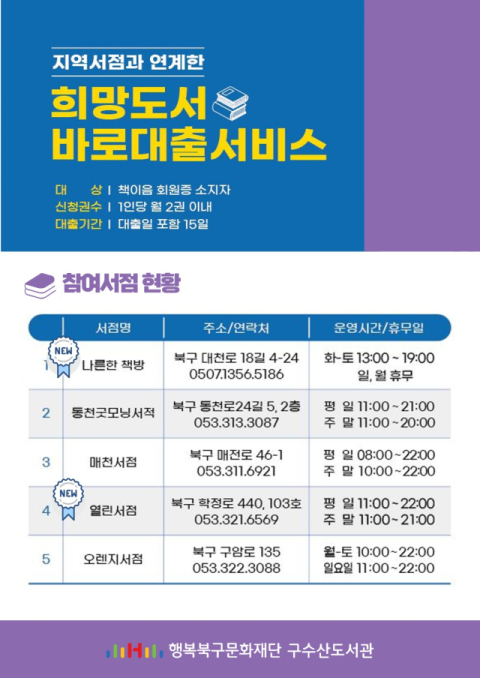 대구 북구 구수산도서관, '희망도서 바로대출서비스' 참여서점 5개소로 확대 