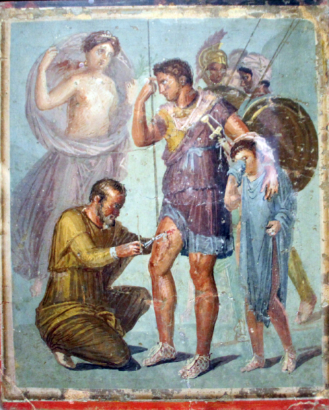 아이네이아스 수술 장면. 1세기 로마 프레스코. 폼페이 출토. 로마 팔라조 마시모 고고학 박물관