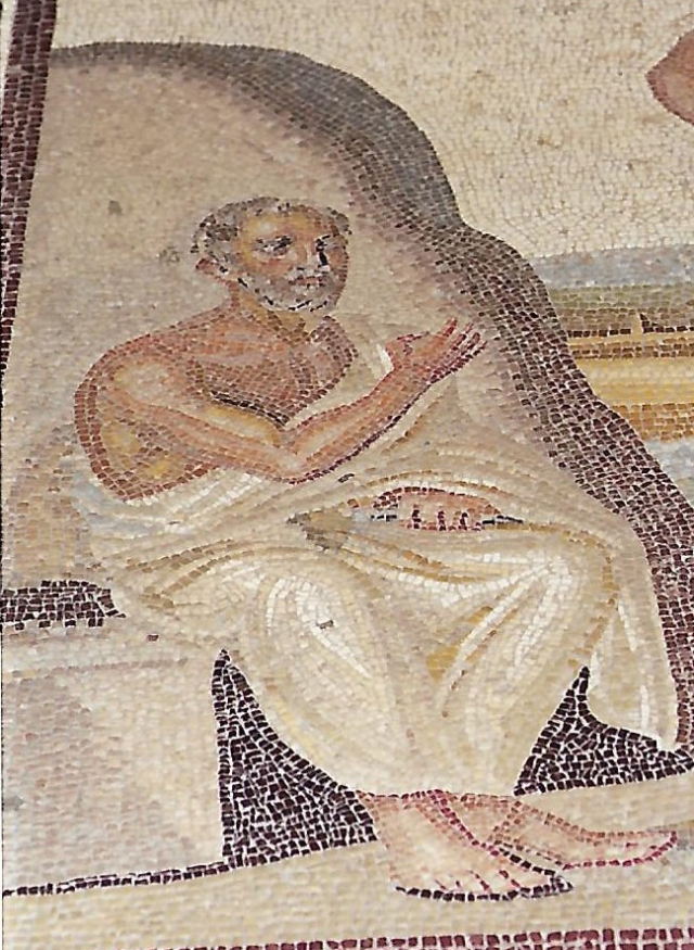 히포크라테스. 오른쪽 어깨를 드러낸 흰색 히마티온을 입은 노년의 히포크라테스 모습. 2-3세기 로마 모자이크. 코스 고고학 박물관