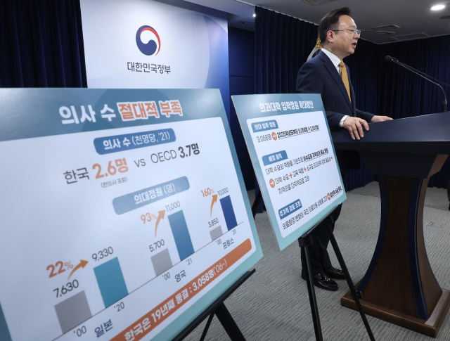 조규홍 보건복지부 장관이 6일 오후 서울 종로구 정부서울청사에서 의과대학 입학정원 확대 발표를 하고 있다. 연합뉴스
