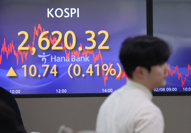 코스피가 설 연휴 전날인 8일 이틀 연속 상승하며 장을 마감했다. 코스피 종가는 전장보다 10.74포인트(0.41%) 오른 2,620.32로 집계됐다. 사진은 이날 장을 마친 서울 중구 하나은행 딜링룸 모습. 연합뉴스