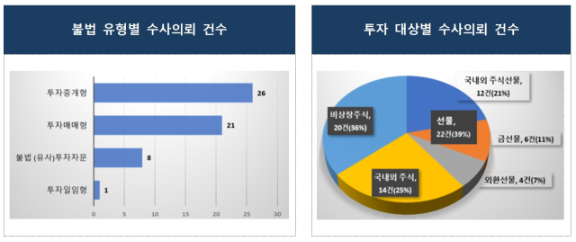 금융감독원이 적발해 수사 의호한 불법 금융투자업 주요 사례 통계. 금감원