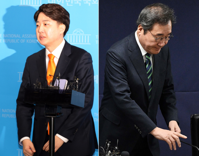 개혁신당 이낙연 공동대표가 20일 합당 철회를 선언했다. 오른쪽은 이날 여의도 새로운 미래 당사에서 합당 철회 기자회견 하는 이낙연 공동대표. 왼쪽은 한 시간 후 국회에서 기자회견 하는 이준석 공동대표. 연합뉴스