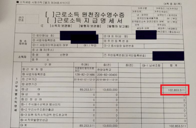 신현영 의원이 공개한 자신의 의사 시절 소득 내역. 신현영 의원 페이스북