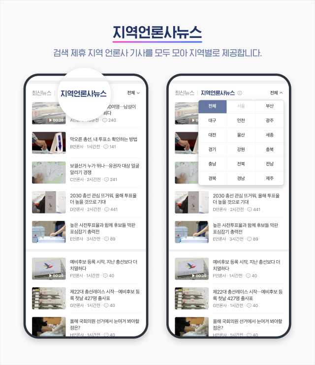 네이버는 다음 달 오픈 예정인 제22대 국회의원 선거 특별 페이지에 지역 언론사 뉴스를 강화할 예정이라고 27일 밝혔다. 네이버 제공.