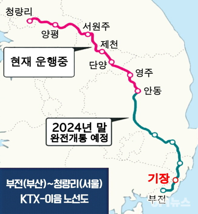 부산 부전~서울 청랑리 KTX-이음 노선도. [사진=기장군]