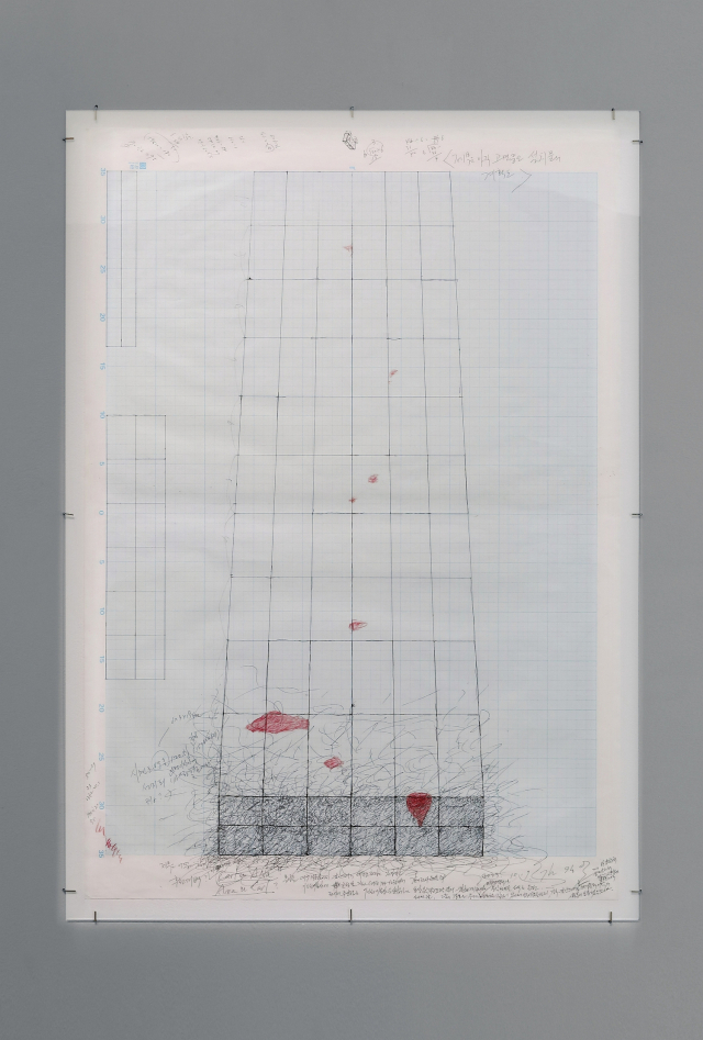 김용익, 제목은 아직 고민중인 설치물의 계획도, 2023, 방안지에 색연필, 펜, 78.5×54cm.