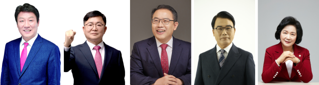 대구 동구군위을 4·10 총선 예비후보(왼쪽부터). 강대식 국회의원, 서호영 국민의힘 중앙위원회 환경분과 부위원장, 우성진 국민의힘 중앙위원회 국민소통분과 부위원장, 이재만 전 대구 동구청장, 조명희 국회의원(비례). 매일신문DB