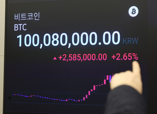 비트코인 시세가 7만 400달러를 돌파하며 사상 최고가를 경신한 가운데 11일 오후 서울 강남구 업비트 라운지 전광판에 비트코인 원화마켓 시세가 1억원을 넘어서고 있다. 연합뉴스