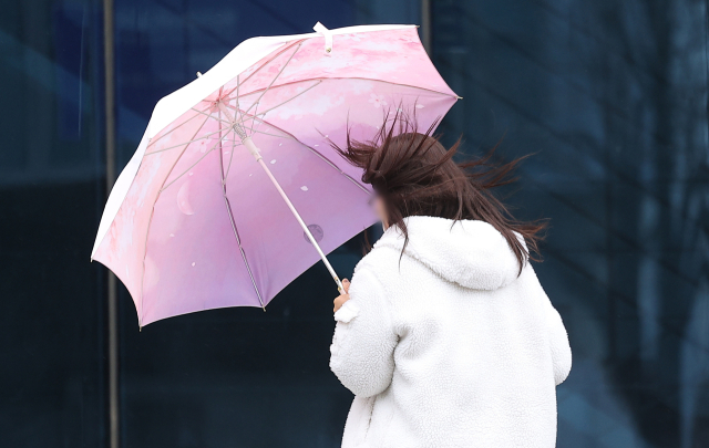 절기상 경칩인 지난달 5일 대구 한 대학 캠퍼스에서 한 시민이 우산을 쓰고 이동하고 있다. 연합뉴스