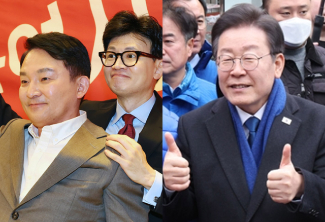 더불어민주당 이재명 대표(오른쪽), 국민의힘 한동훈 비상대책위원장과 원희룡 전 국토교통부 장관(왼쪽). 연합뉴스