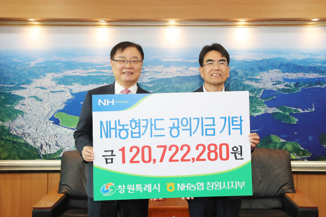 김갑문 NH농협은행 경남 창원시지부장(오른쪽)이 20일 창원시청 접견실에서 2023년도 제휴카드 적립기금을 홍남표 창원시장에게 전달하고 있다. [사진=창원시]
