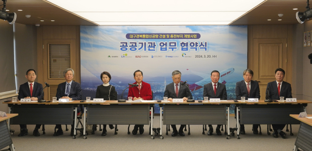 20일 대구시청 산격청사에서 열린 대구·경북 신공항 건설 및 종전부지 개발사업 공공기관 업무협약식에서 홍준표 대구시장과 이한준 한국토지주택공사 사장을 비롯한 참석자들이 개발사업 성공적인 추진을 지원하기 위한 업무협약을 체결하고 기념사진을 찍고 있다. 김영진 기자 kyjmaeil@imaeil.com