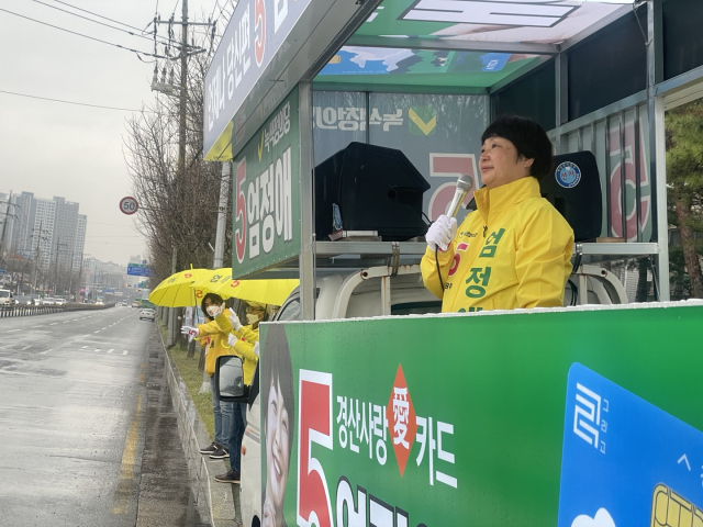 녹색정의당 엄정애 후보가 28일 거리 유세를 하고 있다.