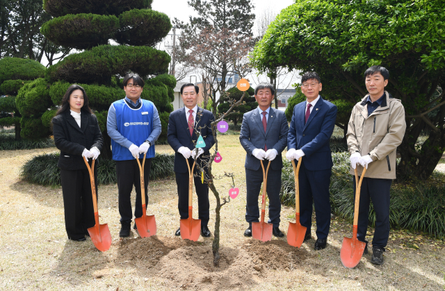 5일 식목일을 맞아 창녕군청 앞 군청광장에 청렴나무 식수 행사가 진행됐다(성낙인 군수와 창녕군의회 의장, 공무원 및 공무직 노조위원장이 참석해 청렴나무를 심는 모습). 창녕군 제공