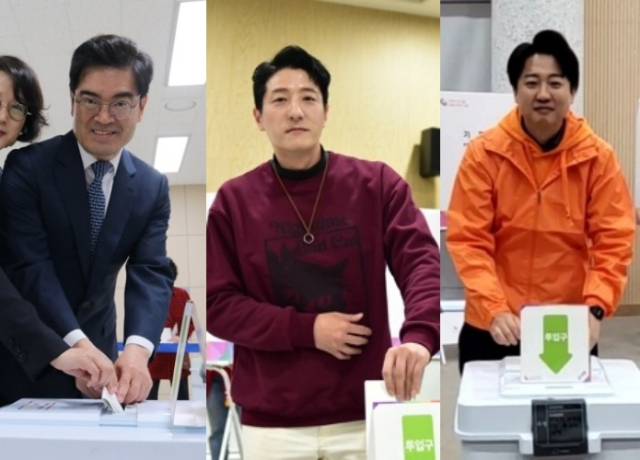 경기 화성을에 출마하는 더불어민주당 공영운, 국민의힘 한정민, 개혁신당 이준석 후보의 사전투표 모습. 연합뉴스