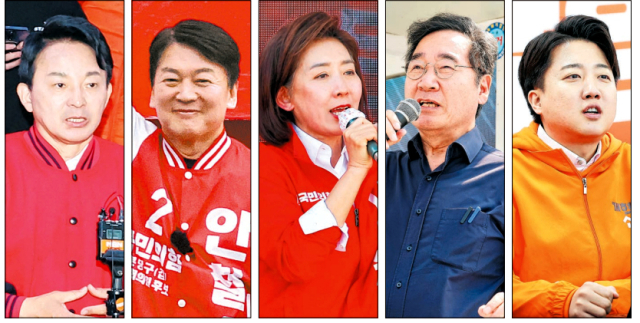 윤석열 대통령의 임기가 3년이나 남았지만 이번 총선은 차기 대선주자들이 조기 각축전을 벌인 미니 대선 성격을 띠기도 했다. 여당과 제1야당의 간판인 한동훈 국민의힘 비상대책위원장과 이재명 더불어민주당 대표가 대선전을 방불케하는 세 대결을 벌였고 여야의 여러 잠룡들도 정치적 운명을 가를 수 있는 이번 총선에서 전력을 기울였다. 왼쪽부터 국민의힘 원희룡, 안철수, 나경원 후보, 새로운미래 이낙연 공동대표, 개혁신당 이준석 대표. 연합뉴스