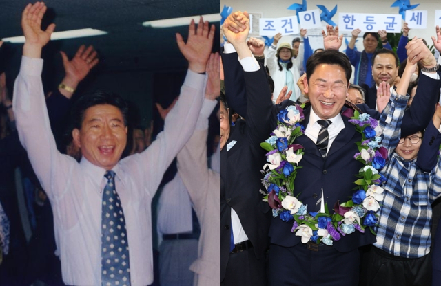 (왼쪽)1998년 7월 21일 서울 종로구 국회의원 보궐선거 투표결과 발표 후 지지자들과 만세를 부르는 노무현 당선자 (오른쪽)더불어민주당 종로구 곽상언 후보가 2024년 4월 11일 새벽 서울 종로구 창신동에 마련한 자신의 선거사무소에서 당선이 확실해지자 꽃목걸이를 목에 걸고 기뻐하고 있다. 노무현 사료관, 연합뉴스