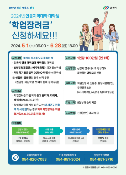 안동시가 안동에 자리한 대학교 재학생들에게 학업장려금 100만원씩을 지원한다.