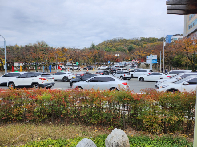 대구어린이세상 출입구 앞 어린이회관 삼거리 일대가 극심한 정체와 주차난을 빚고 있는 모습. 주차공간을 찾는 차량과 통행 차량이 맞물려 만성적인 교통 정체 문제가 발생하고 있다. 독자 제공.