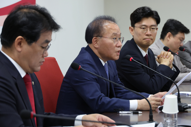 국민의힘 윤재옥 원내대표가 2일 오전 서울 여의도 국민의힘 당사에서 열린 제22대 총선백서 TF 제1차 전체회의에서 발언하고 있다. 연합뉴스