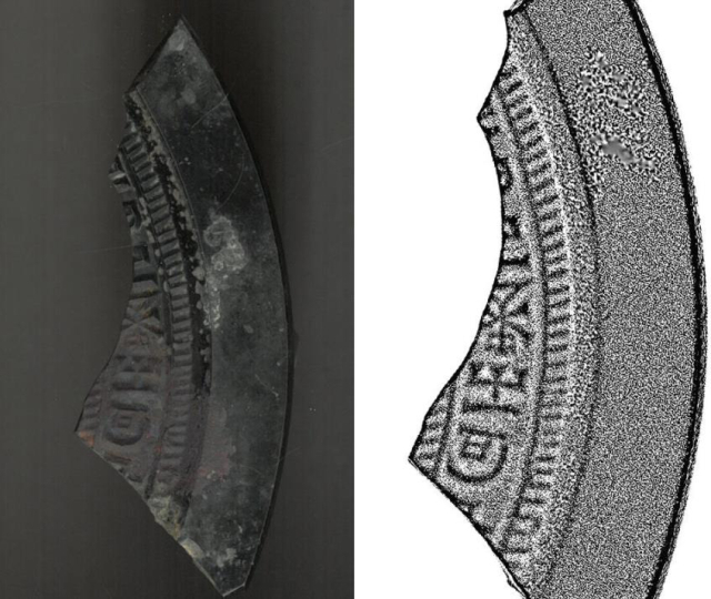 청동거울 조각 3D 스캔 이미지(왼쪽)와 탁본. 한국문화재재단 제공