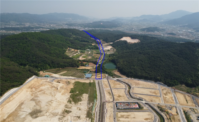 경주 보문~구정 도시계획도로 개설사업 대상지(파란색 선) 전경. 경주시 제공