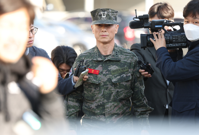 임성근 전 해병대 1사단장이 14일 오전 경북 경산시 경북경찰청 형사기동대에서 