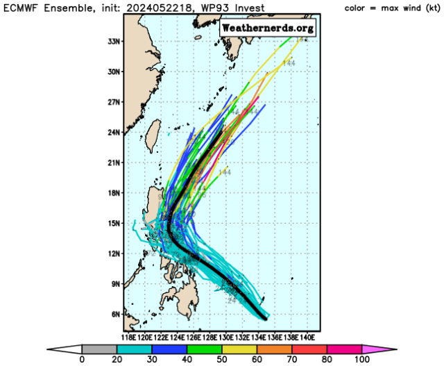 유럽중기예보센터(ECMWF) 모델 Ensemble(앙상블) 모델의 1호 태풍 에위니아 격상 예상 열대저압부 예상경로