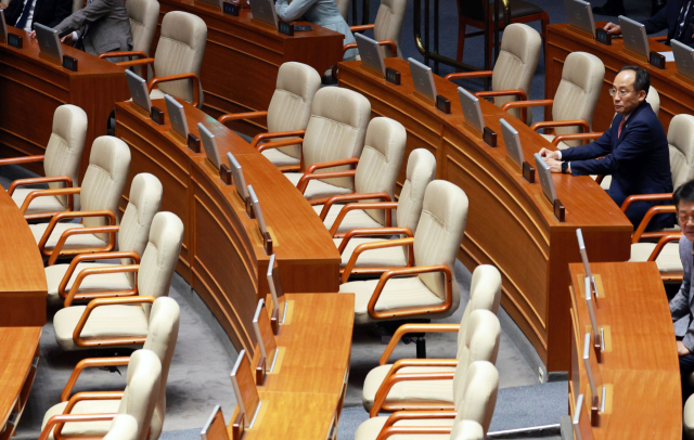 5일 오후 서울 국회에서 제22대 국회 첫 본회의가 열렸다. 국민의힘 추경호 원내대표가 홀로 자리하고 있다. 연합뉴스