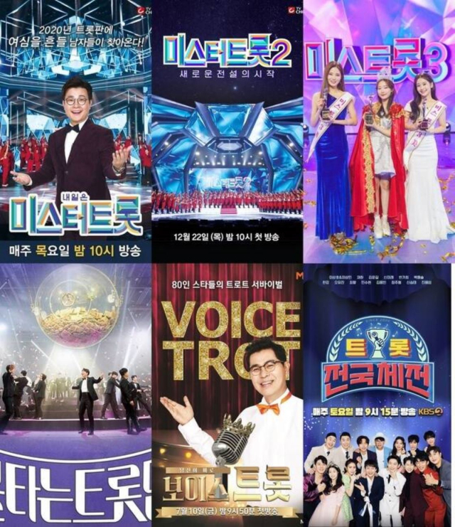 TV조선, MBN 등 각 방송사마다 경쟁적으로 트로트 프로그램을 편성해 시청률 높이기에 안간 힘을 쏟고 있다.