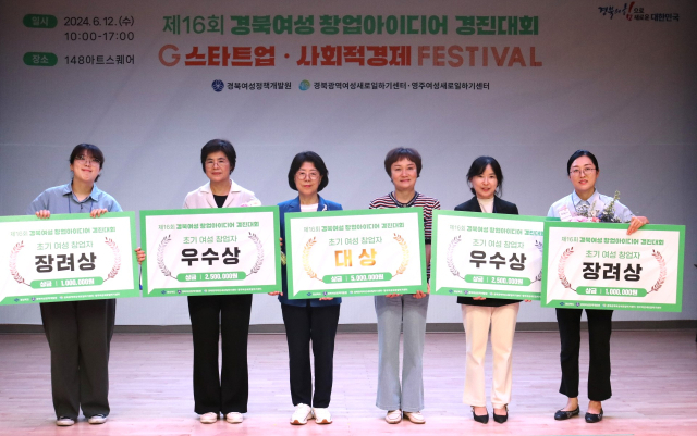 경북여성정책개발원은 지난 12일 영주에서 여성창업 아이디어 경진대회를 열었다. 사진은 대회 초기여성창업자 부문 수상자들의 기념촬영 모습. 경북여성정책개발원 제공
