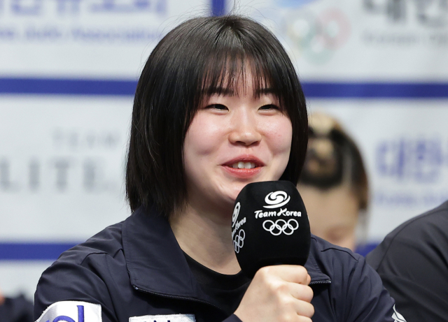 13일 충북 진천국가대표선수촌 챔피언하우스에서 열린 2024 파리 하계올림픽 유도 대표팀 미디어데이 기자회견에서 허미미가 취재진 질문에 답하고 있다. 연합뉴스