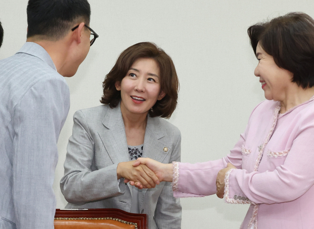 국민의힘 나경원 의원이 14일 오후 국회에서 열린 저출생대응특별위원회 제1차 전체회의에서 참석자들과 인사하고 있다. 연합뉴스