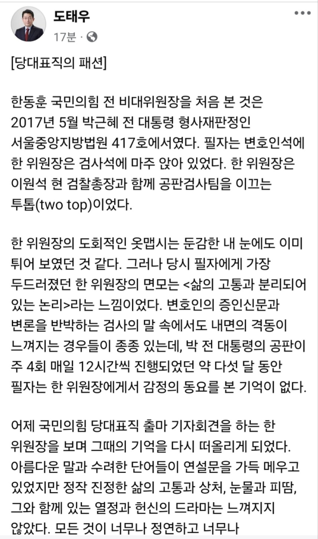 도태우 변호사가 한동훈 국민의힘 전 비대위원장의 당 대표 출마를 비판하는 글을 24일 자신의 페이스북에 올렸다. 출처=도태우 페이스북